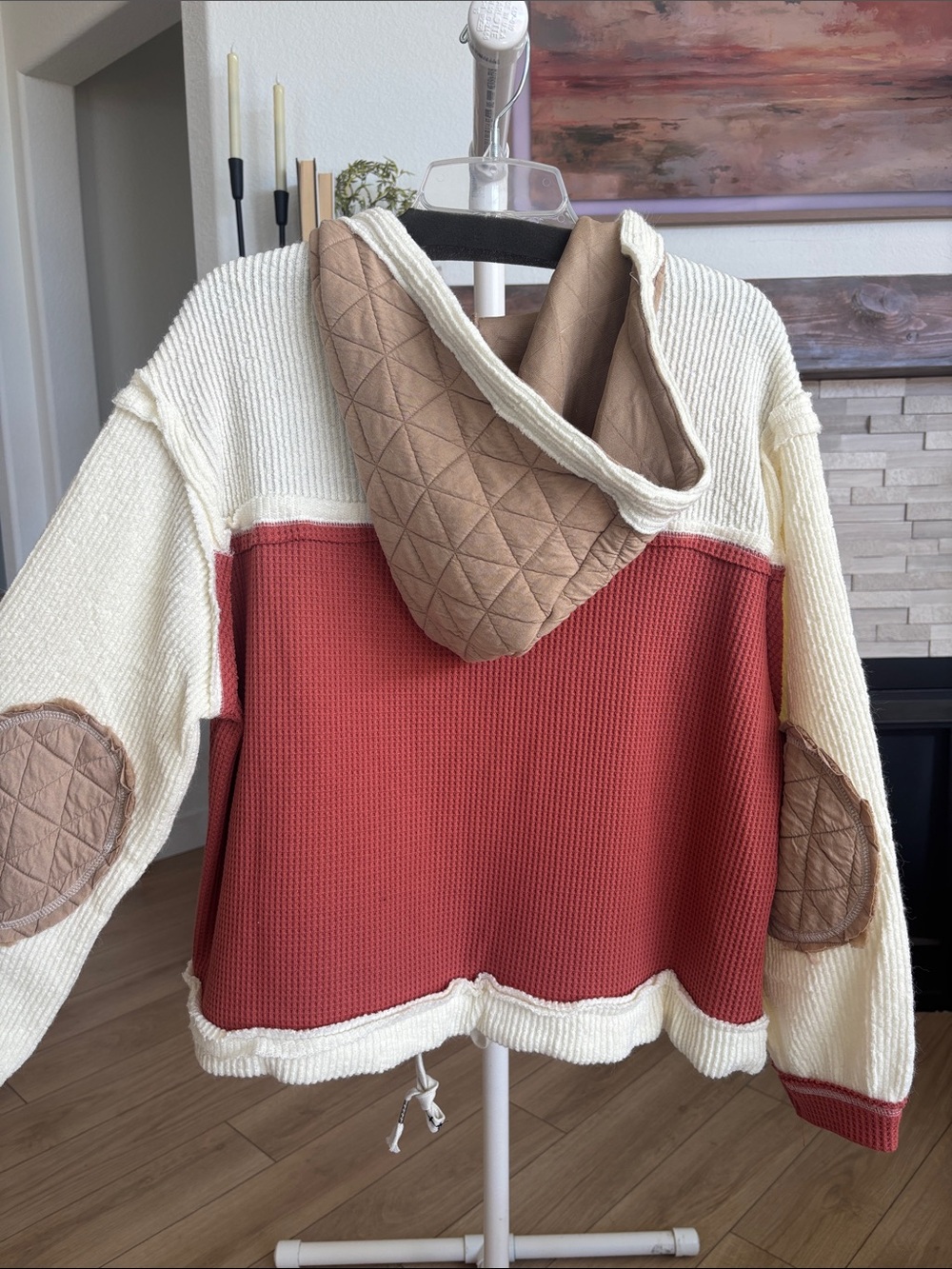POL Quilted & Knit Hooded Cardigan Sweater - Rust, Tan & Cream - Picture 4 of 5
